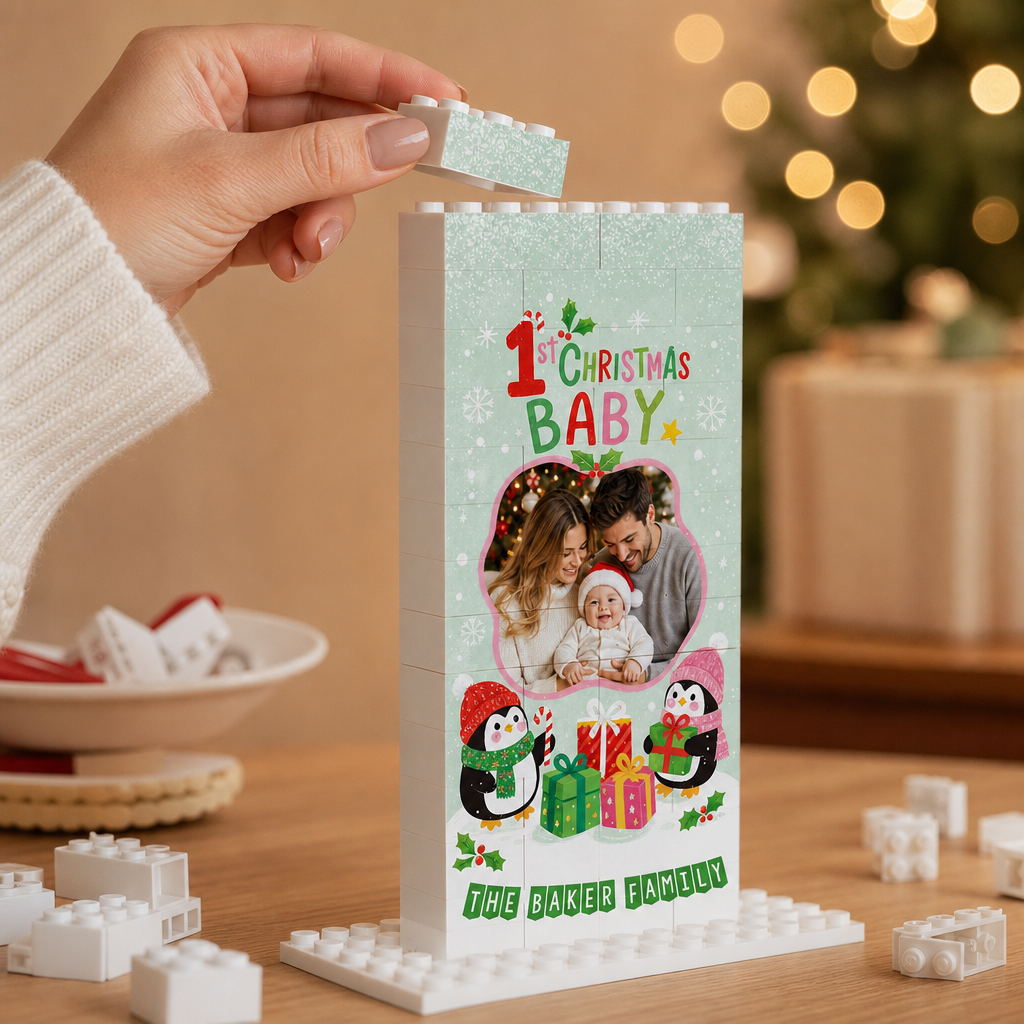 Personalized Photo Christmas Building Block in Mint Green, Custom Baby First Christmas Photo Cute Penguins & Wrapped Gifts Brick Puzzle Keepsake Decor, Holiday Gift for New Parents