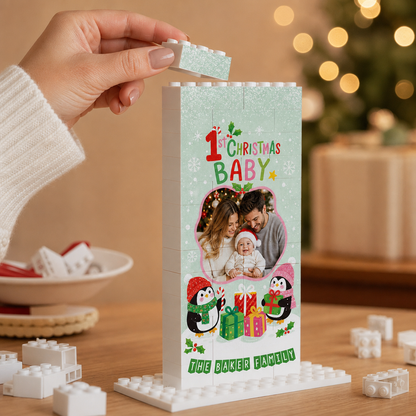 Personalized Photo Christmas Building Block in Mint Green, Custom Baby First Christmas Photo Cute Penguins & Wrapped Gifts Brick Puzzle Keepsake Decor, Holiday Gift for New Parents