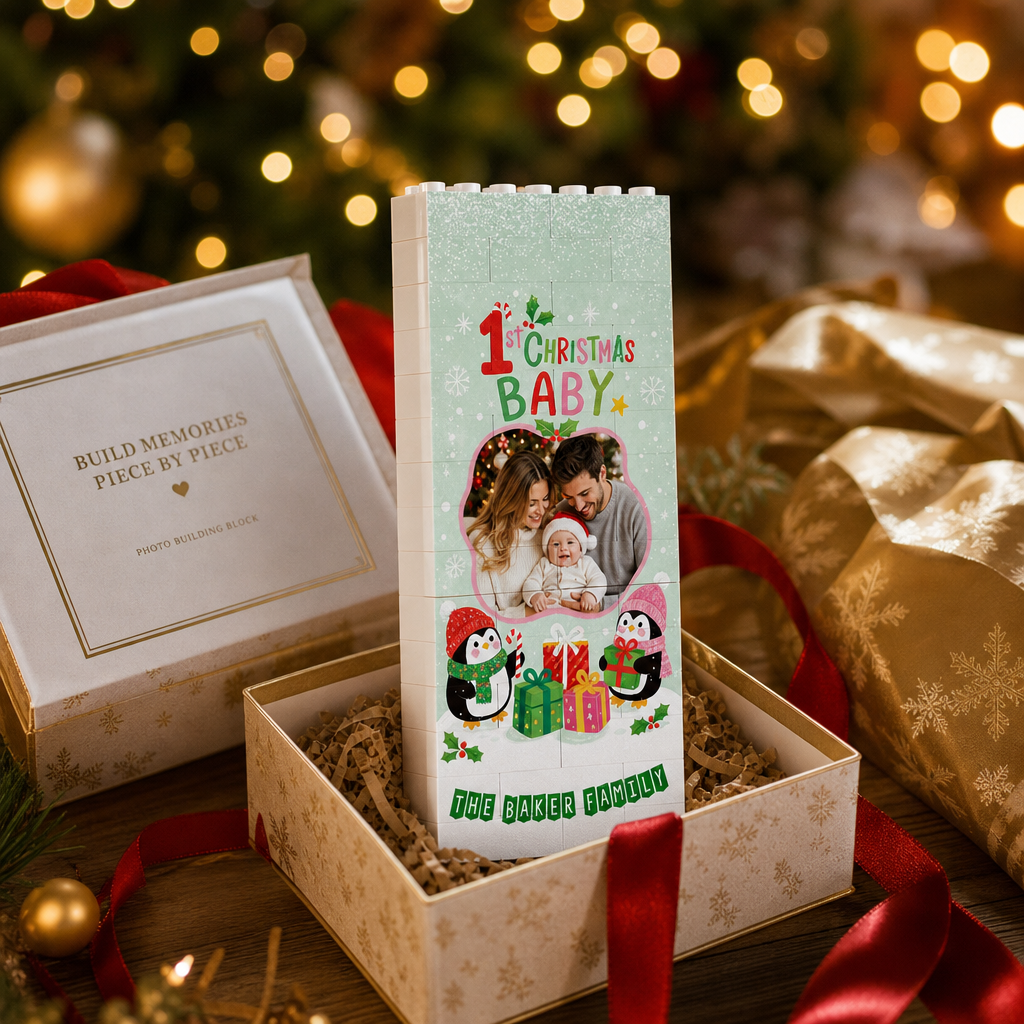Personalized Photo Christmas Building Block in Mint Green, Custom Baby First Christmas Photo Cute Penguins & Wrapped Gifts Brick Puzzle Keepsake Decor, Holiday Gift for New Parents