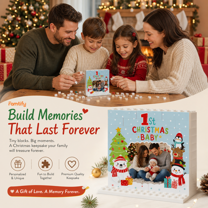 Personalized Photo Christmas Building Block in Light Blue, Custom Baby First Christmas Photo Polar Bear Snowman & Reindeer Brick Puzzle Keepsake Decor, Holiday Gift for New Parents