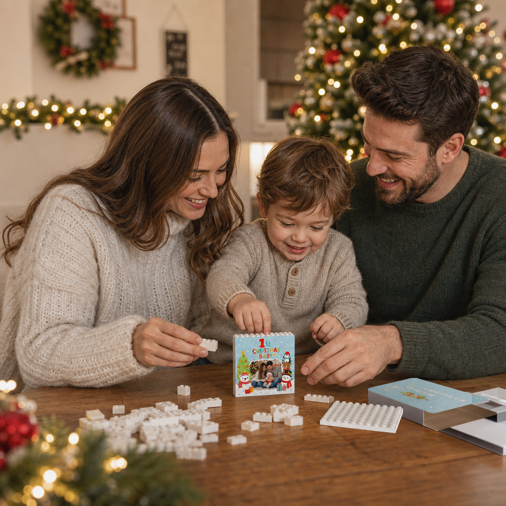 Personalized Photo Christmas Building Block in Light Blue, Custom Baby First Christmas Photo Polar Bear Snowman & Reindeer Brick Puzzle Keepsake Decor, Holiday Gift for New Parents