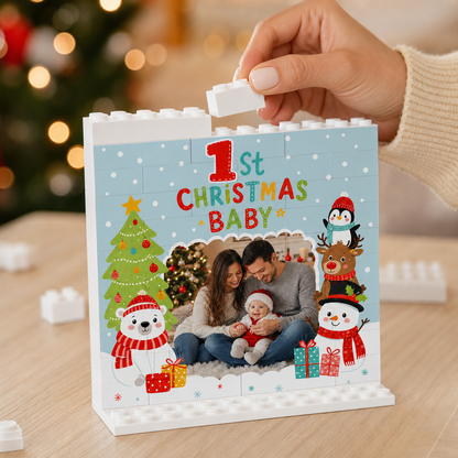 Personalized Photo Christmas Building Block in Light Blue, Custom Baby First Christmas Photo Polar Bear Snowman & Reindeer Brick Puzzle Keepsake Decor, Holiday Gift for New Parents