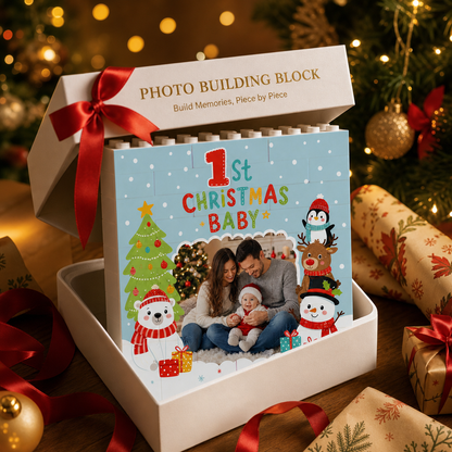 Personalized Photo Christmas Building Block in Light Blue, Custom Baby First Christmas Photo Polar Bear Snowman & Reindeer Brick Puzzle Keepsake Decor, Holiday Gift for New Parents