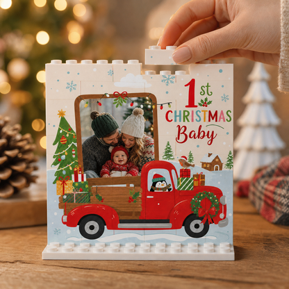 Personalized Photo Christmas Building Block in Cream White, Custom Baby First Christmas Photo Vintage Red Truck & Pine Tree Brick Puzzle Keepsake Decor, Holiday Gift for New Parents