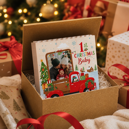 Personalized Photo Christmas Building Block in Cream White, Custom Baby First Christmas Photo Vintage Red Truck & Pine Tree Brick Puzzle Keepsake Decor, Holiday Gift for New Parents
