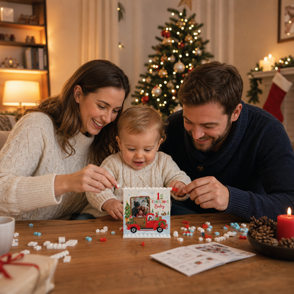 Personalized Photo Christmas Building Block in Cream White, Custom Baby First Christmas Photo Vintage Red Truck & Pine Tree Brick Puzzle Keepsake Decor, Holiday Gift for New Parents