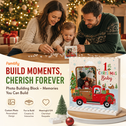 Personalized Photo Christmas Building Block in Cream White, Custom Baby First Christmas Photo Vintage Red Truck & Pine Tree Brick Puzzle Keepsake Decor, Holiday Gift for New Parents