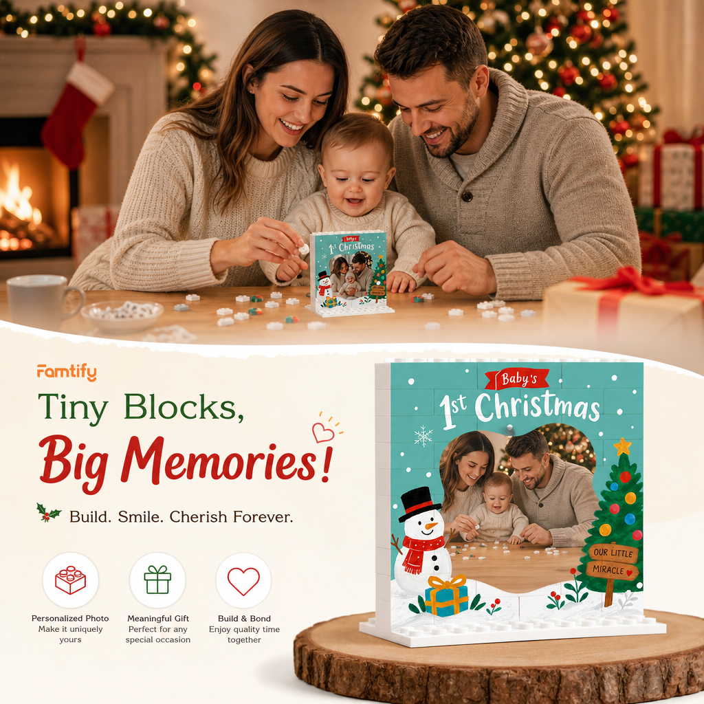 Personalized Photo Christmas Building Block in Mint Green, Custom Baby First Christmas Photo Cute Snowman & Christmas Tree Brick Puzzle Keepsake Decor, Holiday Gift for New Parents