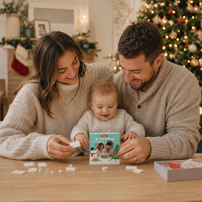Personalized Photo Christmas Building Block in Mint Green, Custom Baby First Christmas Photo Cute Snowman & Christmas Tree Brick Puzzle Keepsake Decor, Holiday Gift for New Parents