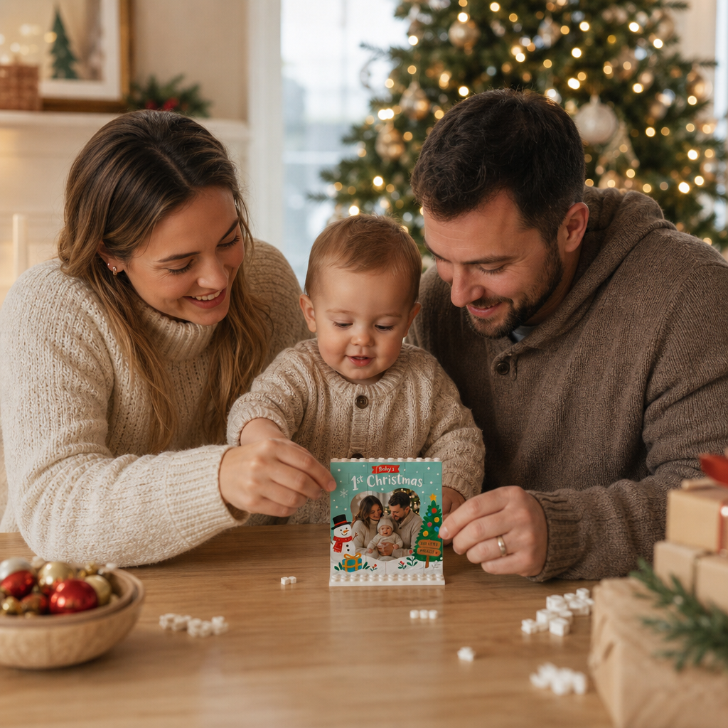 Personalized Photo Christmas Building Block in Mint Green, Custom Baby First Christmas Photo Cute Snowman & Christmas Tree Brick Puzzle Keepsake Decor, Holiday Gift for New Parents