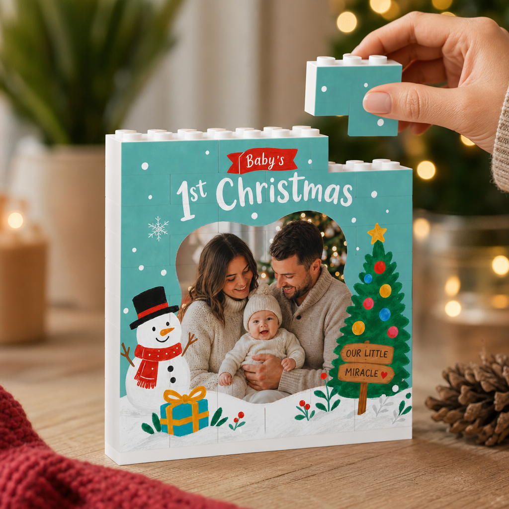 Personalized Photo Christmas Building Block in Mint Green, Custom Baby First Christmas Photo Cute Snowman & Christmas Tree Brick Puzzle Keepsake Decor, Holiday Gift for New Parents