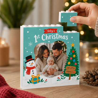 Personalized Photo Christmas Building Block in Mint Green, Custom Baby First Christmas Photo Cute Snowman & Christmas Tree Brick Puzzle Keepsake Decor, Holiday Gift for New Parents