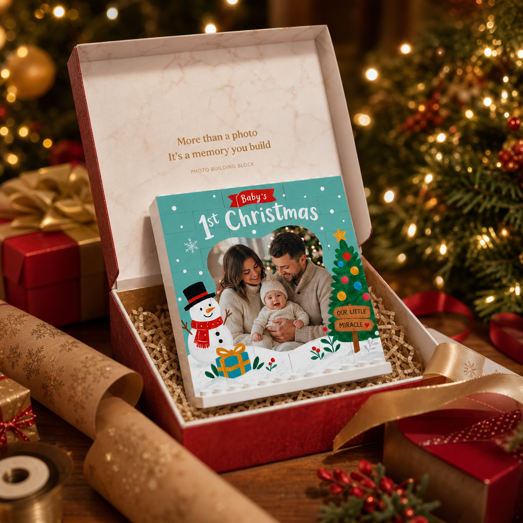 Personalized Photo Christmas Building Block in Mint Green, Custom Baby First Christmas Photo Cute Snowman & Christmas Tree Brick Puzzle Keepsake Decor, Holiday Gift for New Parents