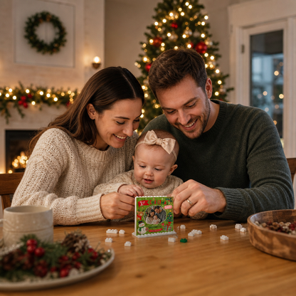 Personalized Photo Christmas Building Block in Forest Green, Custom Baby First Christmas Photo Cute Reindeer Snowman & Family of Three Brick Puzzle Keepsake Decor, Holiday Gift for New Parents