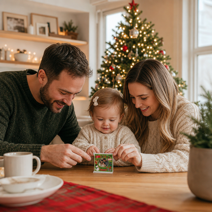 Personalized Photo Christmas Building Block in Forest Green, Custom Baby First Christmas Photo Cute Reindeer Snowman & Family of Three Brick Puzzle Keepsake Decor, Holiday Gift for New Parents