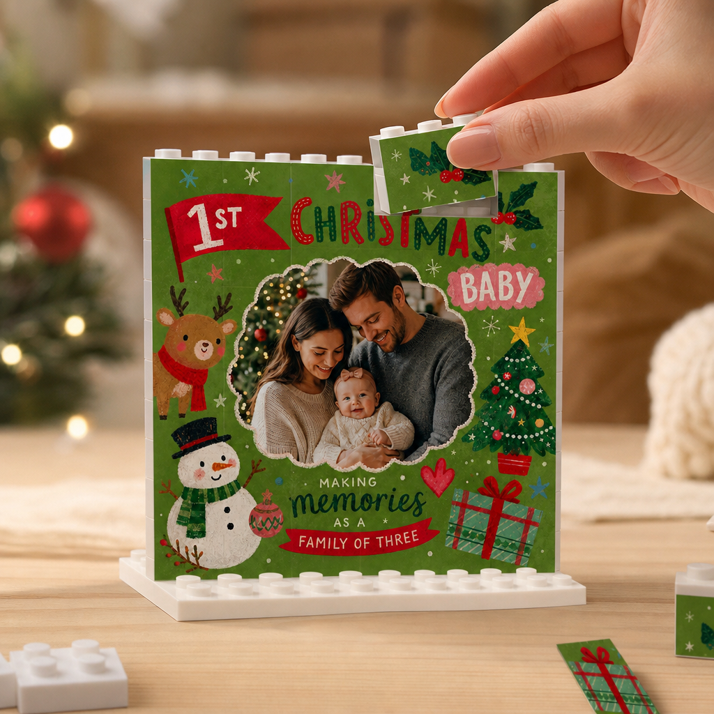 Personalized Photo Christmas Building Block in Forest Green, Custom Baby First Christmas Photo Cute Reindeer Snowman & Family of Three Brick Puzzle Keepsake Decor, Holiday Gift for New Parents