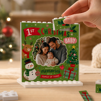 Personalized Photo Christmas Building Block in Forest Green, Custom Baby First Christmas Photo Cute Reindeer Snowman & Family of Three Brick Puzzle Keepsake Decor, Holiday Gift for New Parents