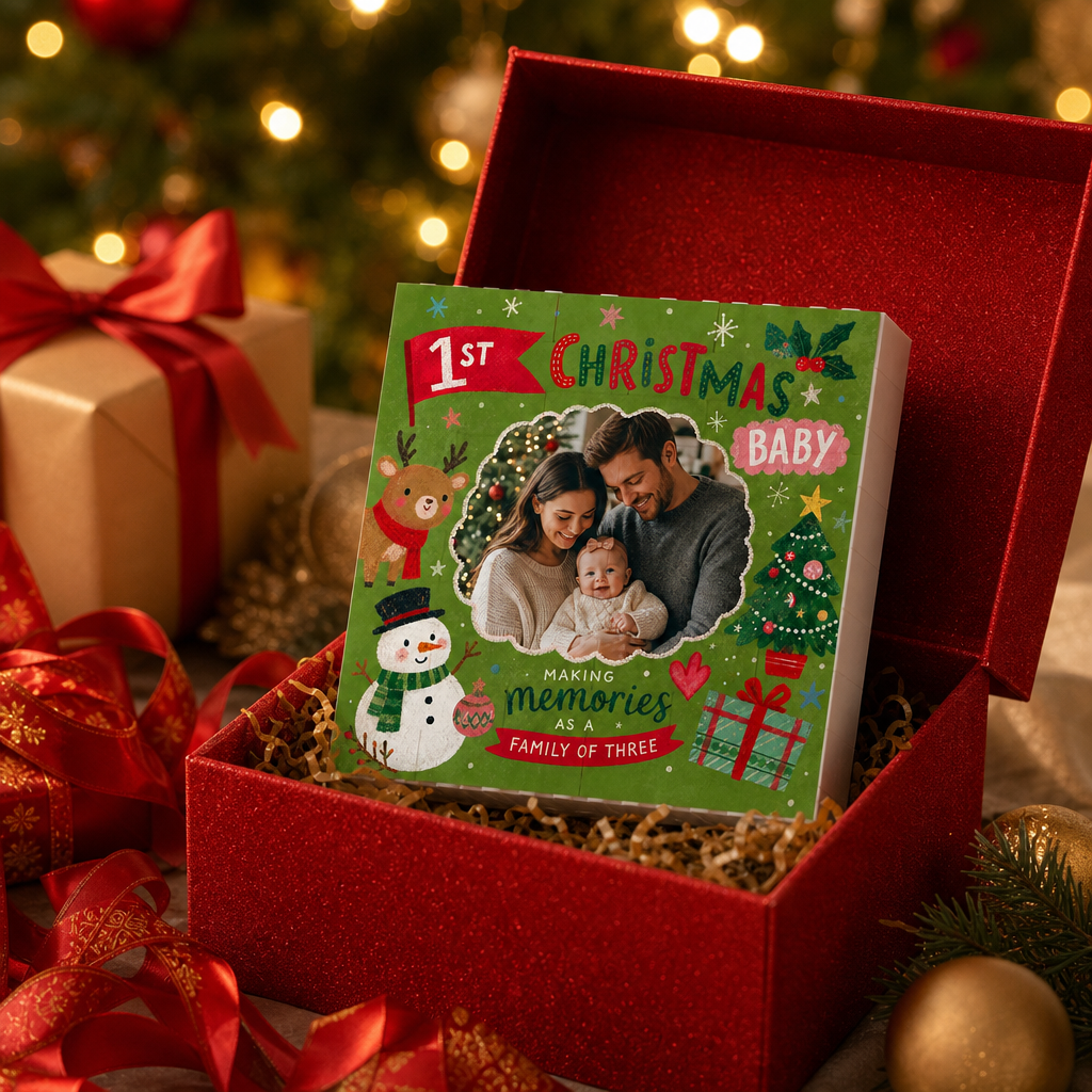 Personalized Photo Christmas Building Block in Forest Green, Custom Baby First Christmas Photo Cute Reindeer Snowman & Family of Three Brick Puzzle Keepsake Decor, Holiday Gift for New Parents