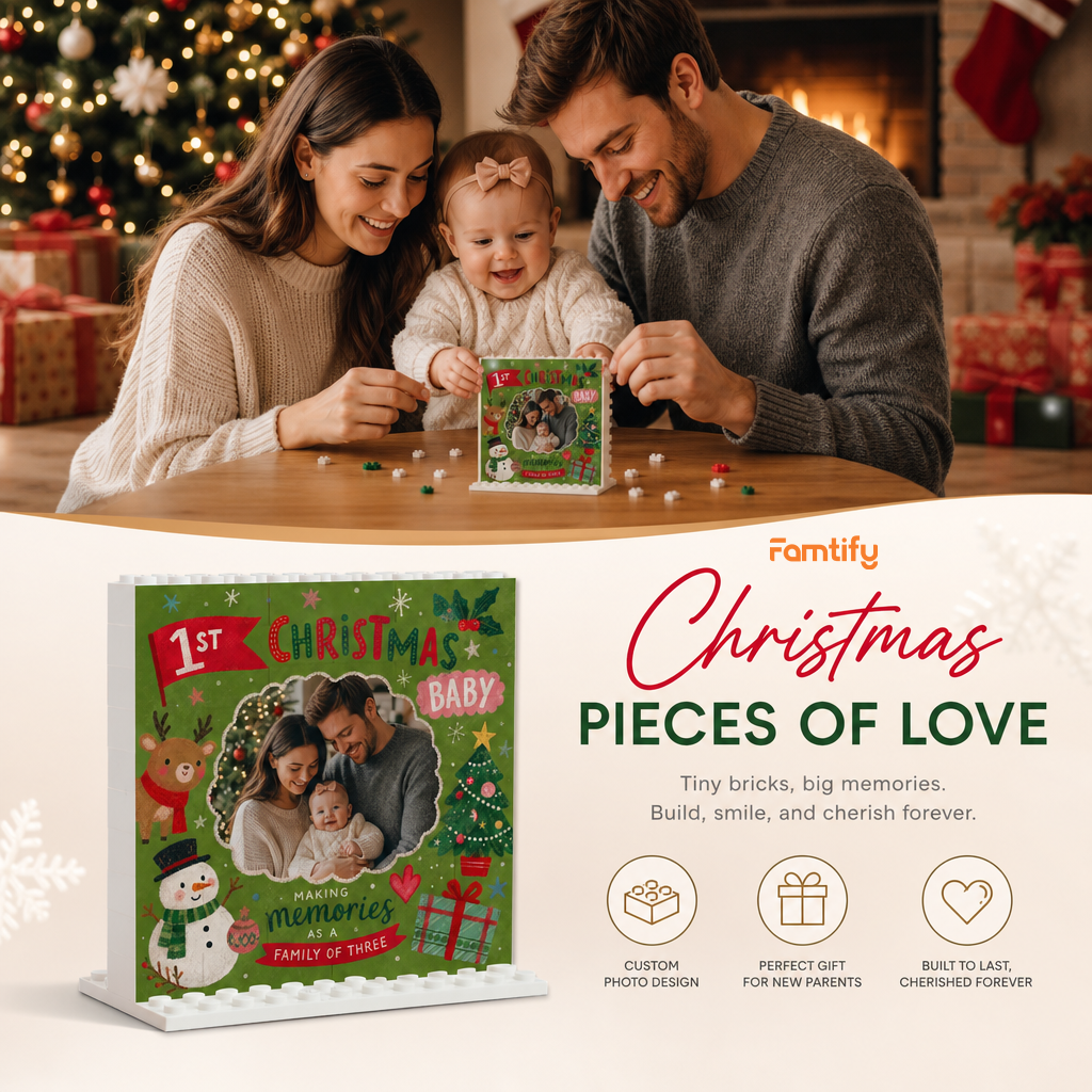 Personalized Photo Christmas Building Block in Forest Green, Custom Baby First Christmas Photo Cute Reindeer Snowman & Family of Three Brick Puzzle Keepsake Decor, Holiday Gift for New Parents