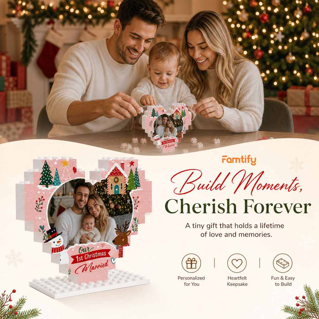 Personalized Photo Christmas Building Block Heart Shape in Blush Pink, Custom Couple First Christmas Married Photo Snowman & Reindeer Brick Puzzle Keepsake Decor, Holiday Gift for Newlyweds