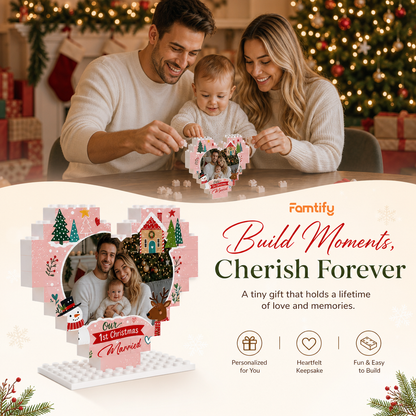 Personalized Photo Christmas Building Block Heart Shape in Blush Pink, Custom Couple First Christmas Married Photo Snowman & Reindeer Brick Puzzle Keepsake Decor, Holiday Gift for Newlyweds