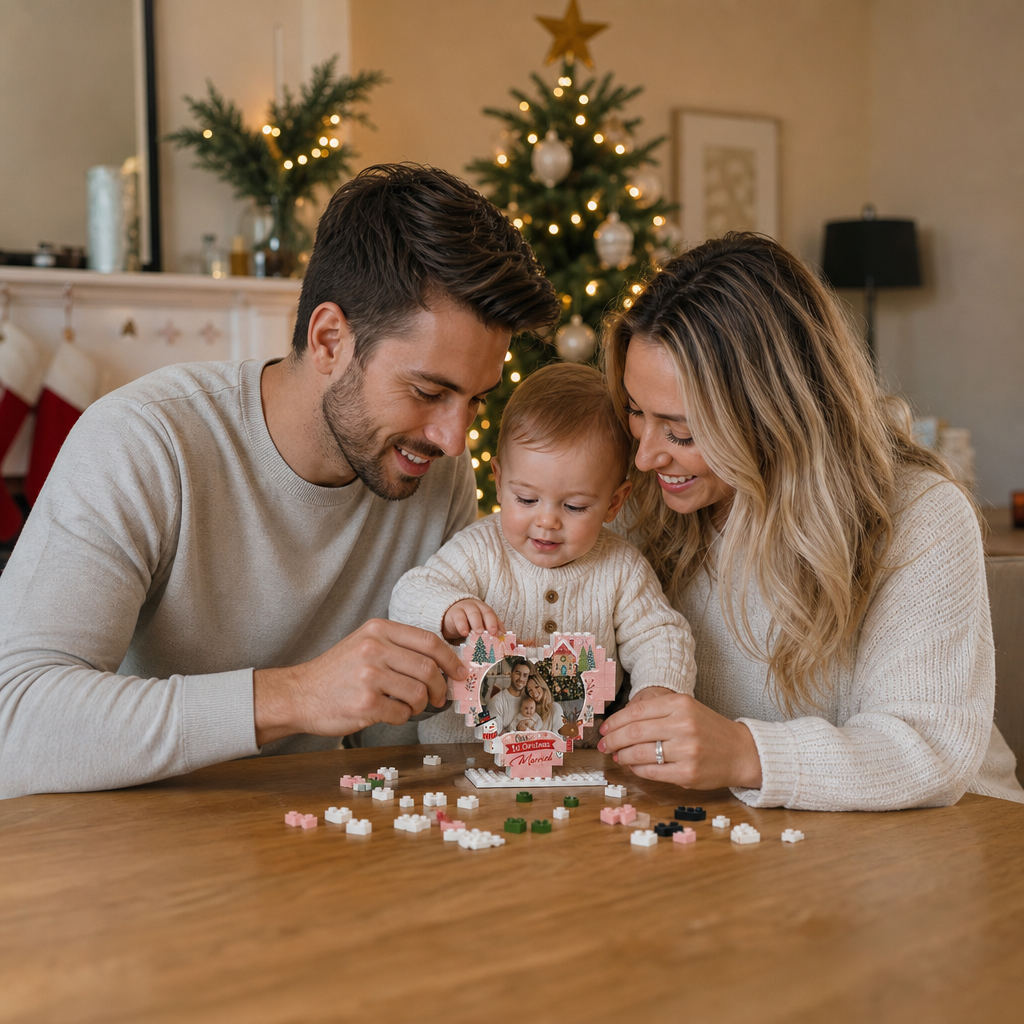 Personalized Photo Christmas Building Block Heart Shape in Blush Pink, Custom Couple First Christmas Married Photo Snowman & Reindeer Brick Puzzle Keepsake Decor, Holiday Gift for Newlyweds