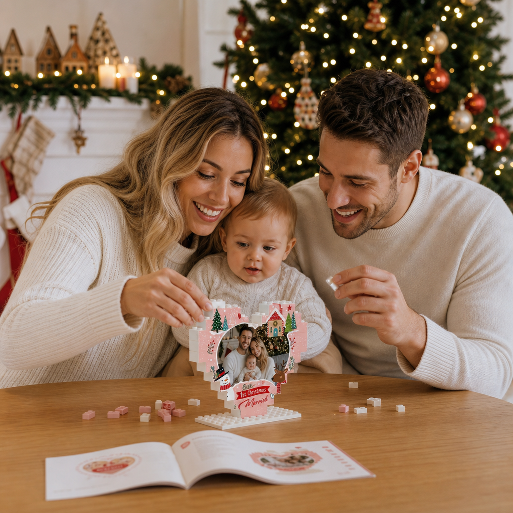 Personalized Photo Christmas Building Block Heart Shape in Blush Pink, Custom Couple First Christmas Married Photo Snowman & Reindeer Brick Puzzle Keepsake Decor, Holiday Gift for Newlyweds