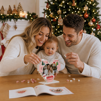 Personalized Photo Christmas Building Block Heart Shape in Blush Pink, Custom Couple First Christmas Married Photo Snowman & Reindeer Brick Puzzle Keepsake Decor, Holiday Gift for Newlyweds