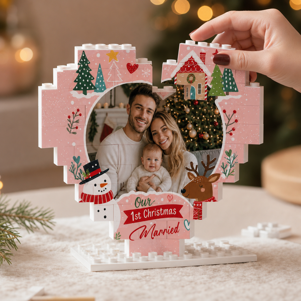 Personalized Photo Christmas Building Block Heart Shape in Blush Pink, Custom Couple First Christmas Married Photo Snowman & Reindeer Brick Puzzle Keepsake Decor, Holiday Gift for Newlyweds