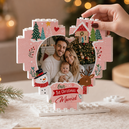 Personalized Photo Christmas Building Block Heart Shape in Blush Pink, Custom Couple First Christmas Married Photo Snowman & Reindeer Brick Puzzle Keepsake Decor, Holiday Gift for Newlyweds