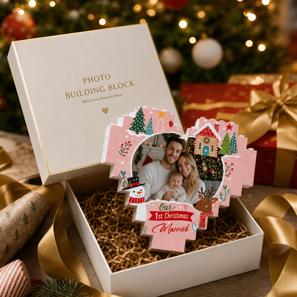 Personalized Photo Christmas Building Block Heart Shape in Blush Pink, Custom Couple First Christmas Married Photo Snowman & Reindeer Brick Puzzle Keepsake Decor, Holiday Gift for Newlyweds