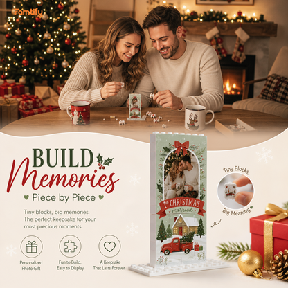 Personalized Photo Christmas Building Block in Sage Green, Custom Couple First Christmas Married Photo Wreath & Red Truck Brick Puzzle Keepsake Decor, Holiday Gift for Newlyweds