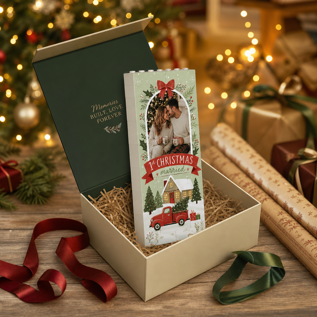 Personalized Photo Christmas Building Block in Sage Green, Custom Couple First Christmas Married Photo Wreath & Red Truck Brick Puzzle Keepsake Decor, Holiday Gift for Newlyweds