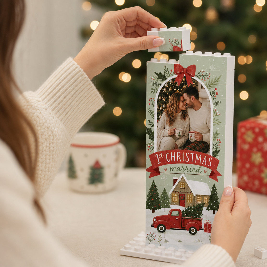 Personalized Photo Christmas Building Block in Sage Green, Custom Couple First Christmas Married Photo Wreath & Red Truck Brick Puzzle Keepsake Decor, Holiday Gift for Newlyweds
