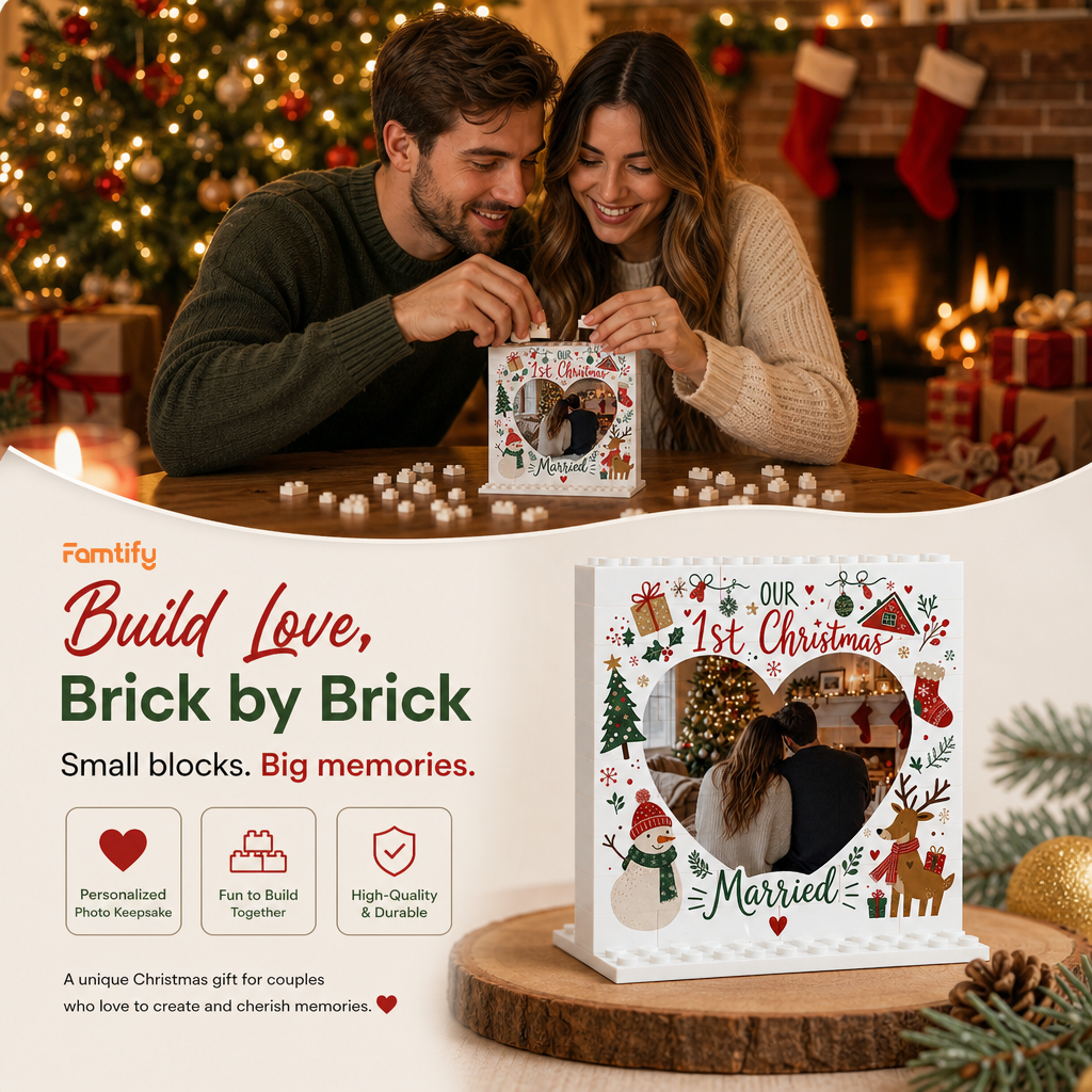 Personalized Photo Christmas Building Block in Cream White, Custom Couple First Christmas Married Photo Heart Shape Snowman & Reindeer Brick Puzzle Keepsake Decor, Holiday Gift for Newlyweds