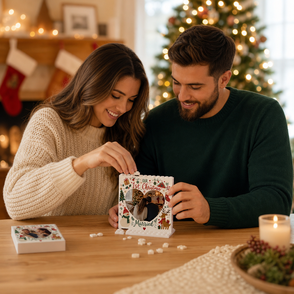 Personalized Photo Christmas Building Block in Cream White, Custom Couple First Christmas Married Photo Heart Shape Snowman & Reindeer Brick Puzzle Keepsake Decor, Holiday Gift for Newlyweds