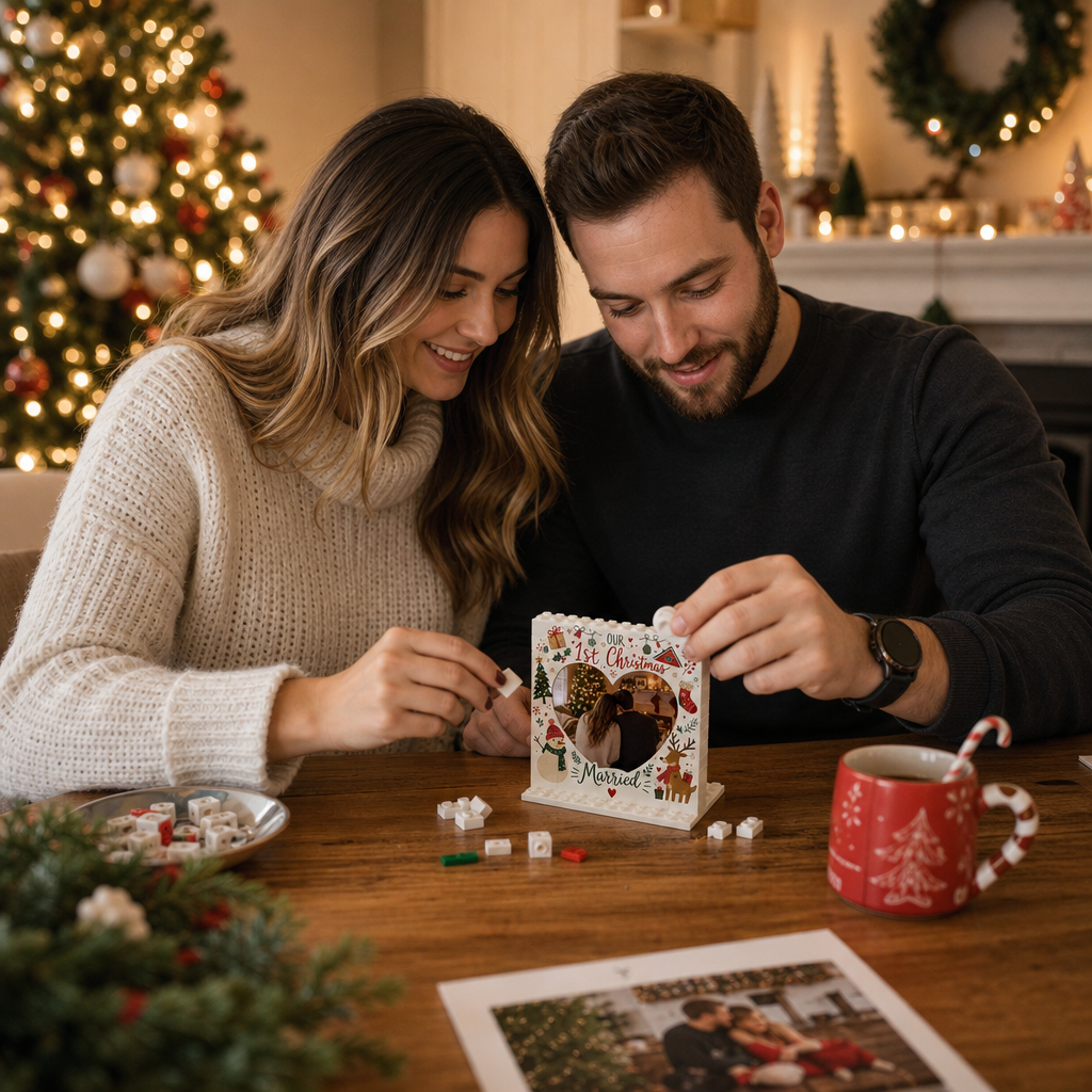 Personalized Photo Christmas Building Block in Cream White, Custom Couple First Christmas Married Photo Heart Shape Snowman & Reindeer Brick Puzzle Keepsake Decor, Holiday Gift for Newlyweds