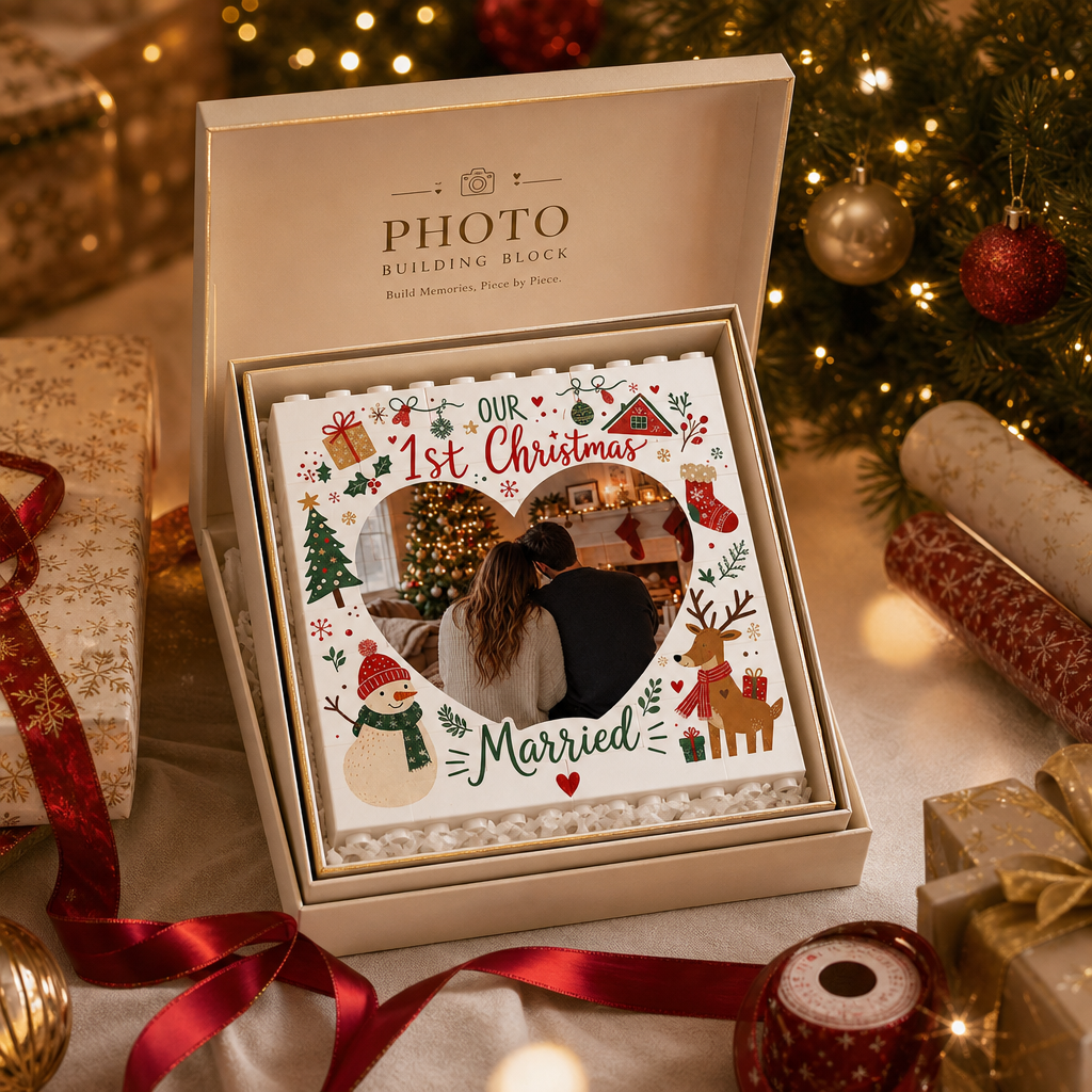 Personalized Photo Christmas Building Block in Cream White, Custom Couple First Christmas Married Photo Heart Shape Snowman & Reindeer Brick Puzzle Keepsake Decor, Holiday Gift for Newlyweds