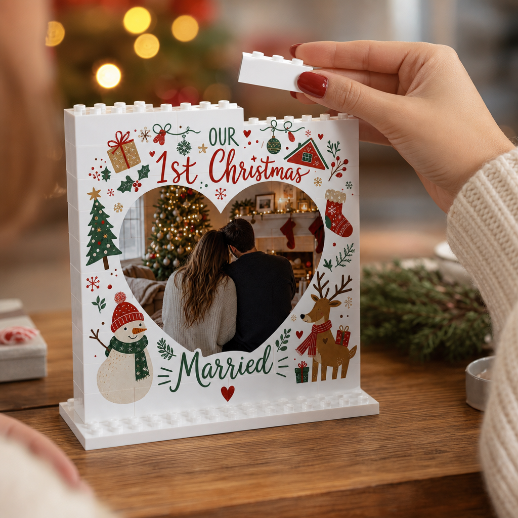Personalized Photo Christmas Building Block in Cream White, Custom Couple First Christmas Married Photo Heart Shape Snowman & Reindeer Brick Puzzle Keepsake Decor, Holiday Gift for Newlyweds