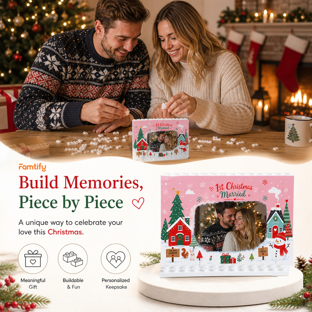 Personalized Photo Christmas Building Block in Blush Pink, Custom Couple First Christmas Married Photo Winter Houses & Snowman Brick Puzzle Keepsake Decor, Holiday Gift for Newlyweds