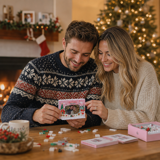 Personalized Photo Christmas Building Block in Blush Pink, Custom Couple First Christmas Married Photo Winter Houses & Snowman Brick Puzzle Keepsake Decor, Holiday Gift for Newlyweds