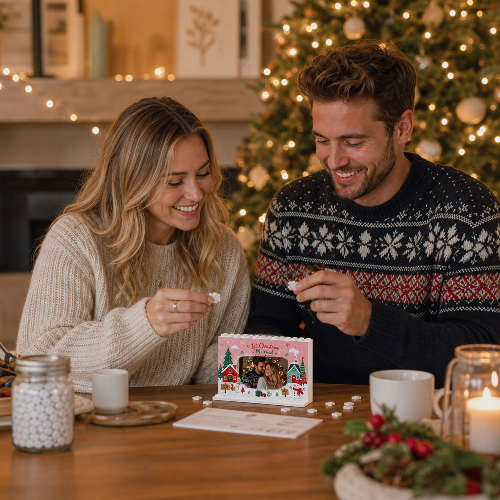 Personalized Photo Christmas Building Block in Blush Pink, Custom Couple First Christmas Married Photo Winter Houses & Snowman Brick Puzzle Keepsake Decor, Holiday Gift for Newlyweds