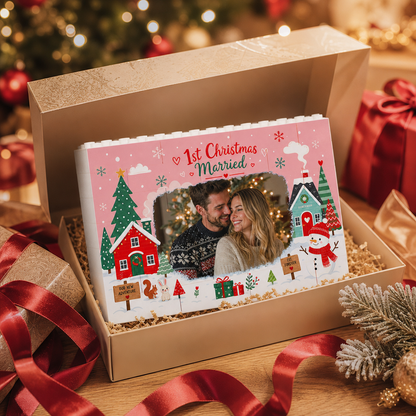 Personalized Photo Christmas Building Block in Blush Pink, Custom Couple First Christmas Married Photo Winter Houses & Snowman Brick Puzzle Keepsake Decor, Holiday Gift for Newlyweds
