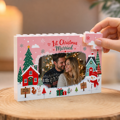 Personalized Photo Christmas Building Block in Blush Pink, Custom Couple First Christmas Married Photo Winter Houses & Snowman Brick Puzzle Keepsake Decor, Holiday Gift for Newlyweds