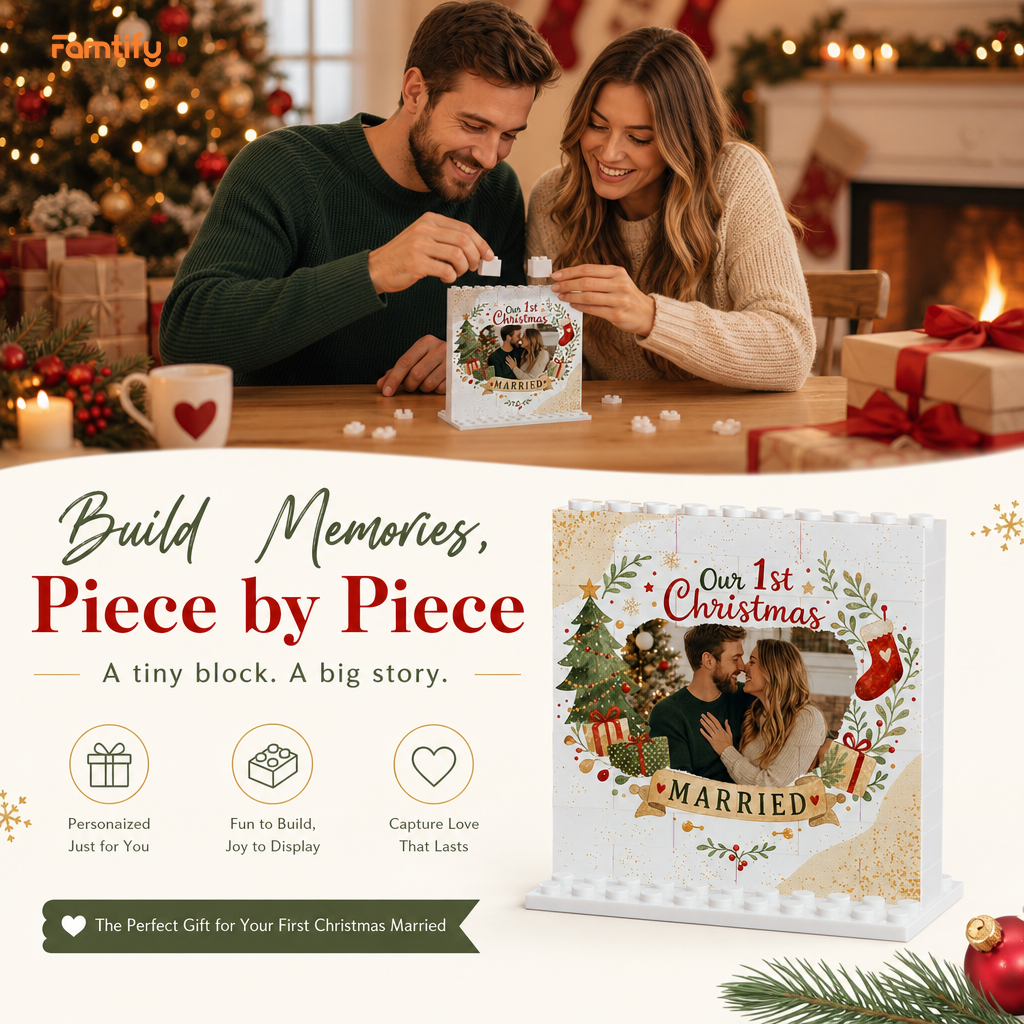 Personalized Photo Christmas Building Block in Cream White, Custom Couple First Christmas Married Photo Watercolor Wreath & Gold Stars Brick Puzzle Keepsake Decor, Holiday Gift for Newlyweds