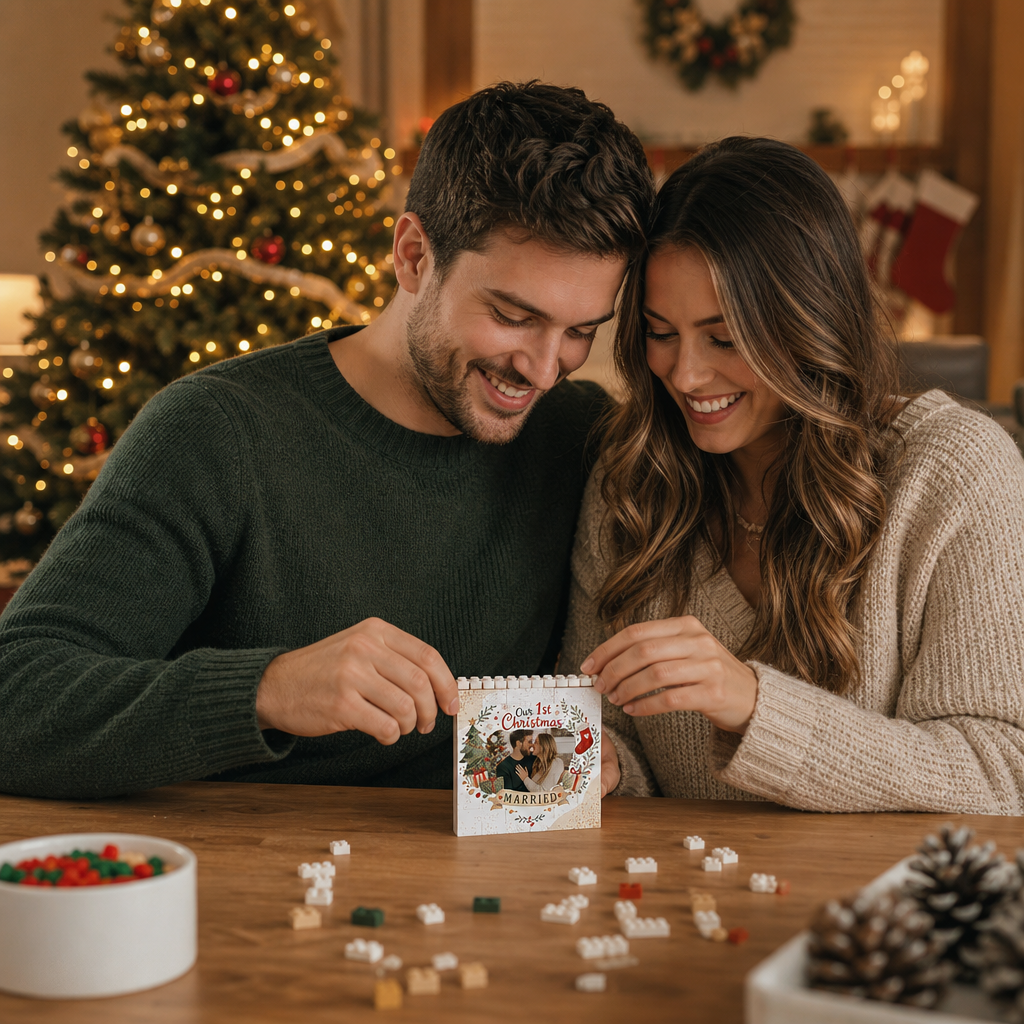 Personalized Photo Christmas Building Block in Cream White, Custom Couple First Christmas Married Photo Watercolor Wreath & Gold Stars Brick Puzzle Keepsake Decor, Holiday Gift for Newlyweds