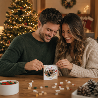 Personalized Photo Christmas Building Block in Cream White, Custom Couple First Christmas Married Photo Watercolor Wreath & Gold Stars Brick Puzzle Keepsake Decor, Holiday Gift for Newlyweds
