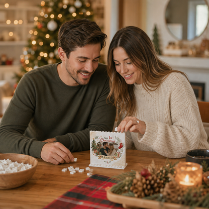 Personalized Photo Christmas Building Block in Cream White, Custom Couple First Christmas Married Photo Watercolor Wreath & Gold Stars Brick Puzzle Keepsake Decor, Holiday Gift for Newlyweds