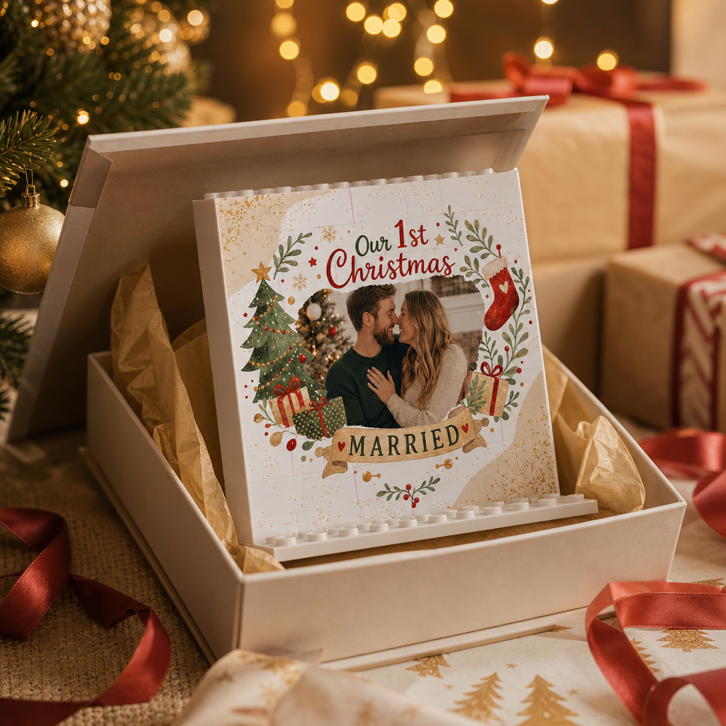 Personalized Photo Christmas Building Block in Cream White, Custom Couple First Christmas Married Photo Watercolor Wreath & Gold Stars Brick Puzzle Keepsake Decor, Holiday Gift for Newlyweds