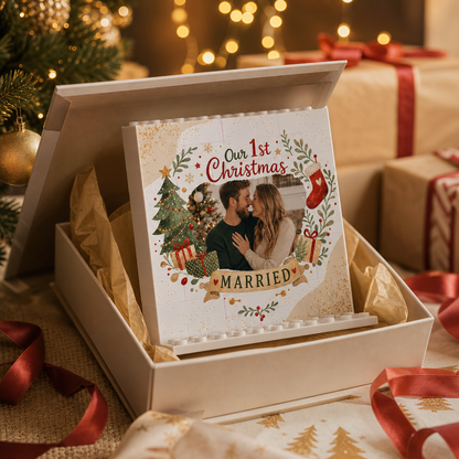 Personalized Photo Christmas Building Block in Cream White, Custom Couple First Christmas Married Photo Watercolor Wreath & Gold Stars Brick Puzzle Keepsake Decor, Holiday Gift for Newlyweds